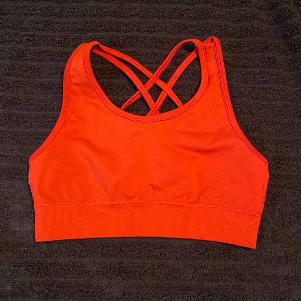 Red strappy sports bra